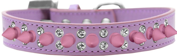 Double Crystal and Light Pink Spikes Dog Collar Lavender Size 18